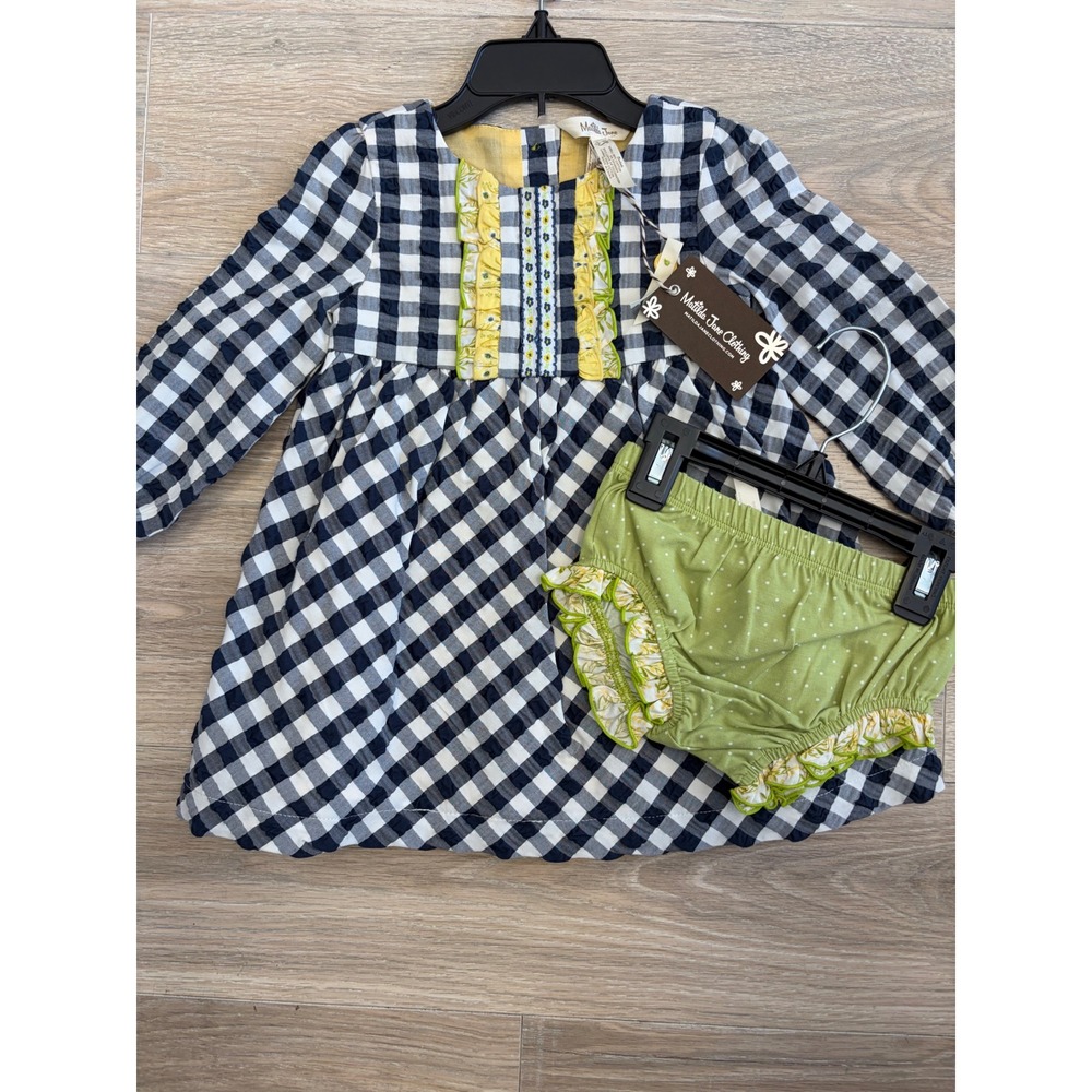 Matilda Jane Enchanted Garden Gingham & Giggles Dress Bloomers Set Navy 12-18M